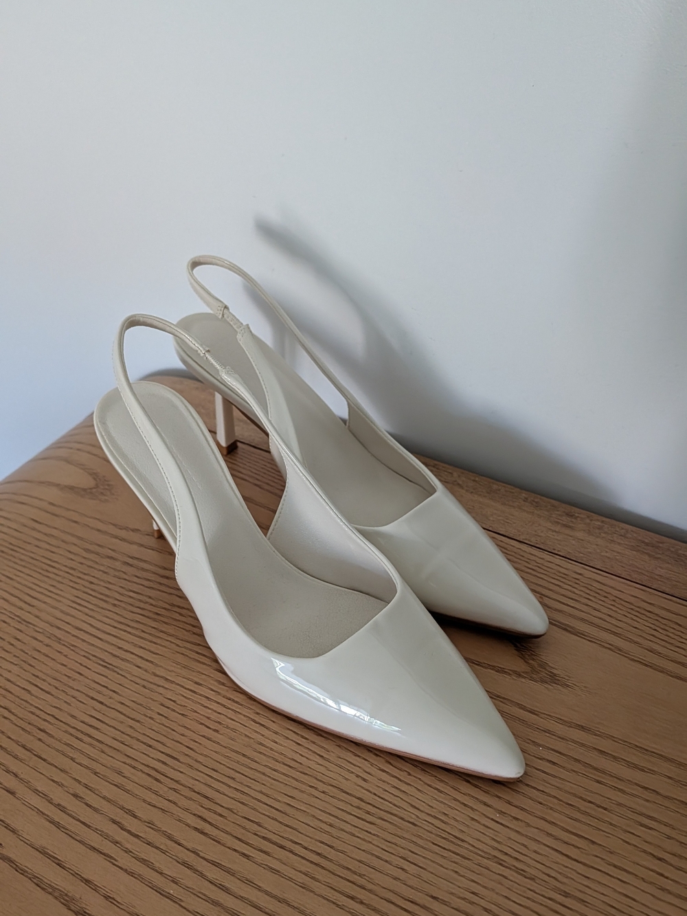 Meshki Cream Patent Slingback Pointed-Toe Heels